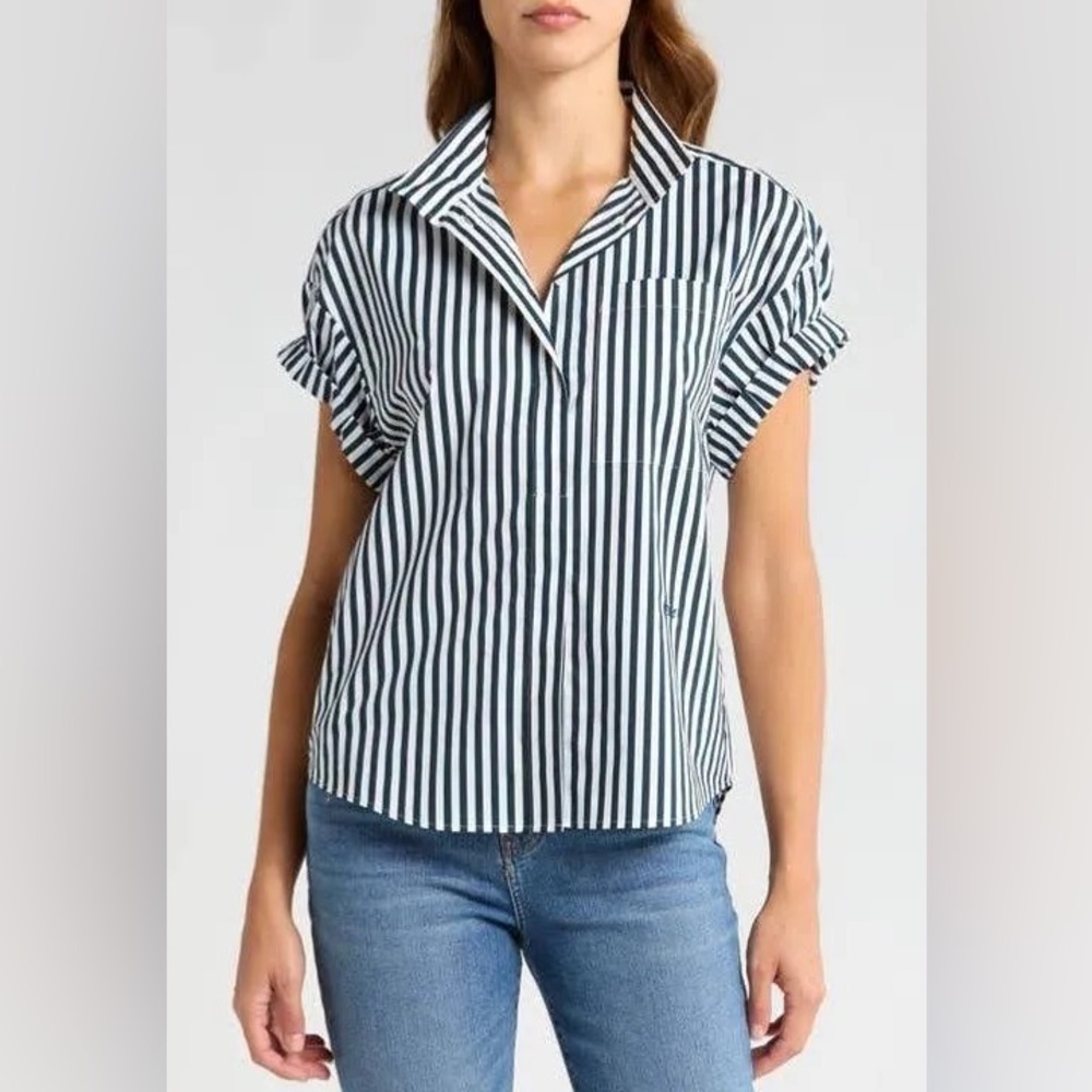 FRAME Women's Blue Sheila Short Sleeve Organic Cotton Button-Up Shirt